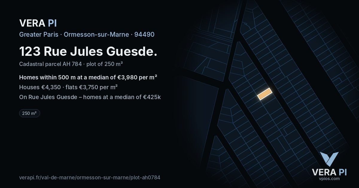 123 Rue Jules Guesde, Ormesson-sur-Marne at night – the plot lit, the parcels around coloured by the prices near them