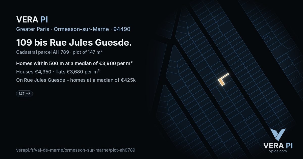 109 bis Rue Jules Guesde, Ormesson-sur-Marne at night – the plot lit, the parcels around coloured by the prices near them