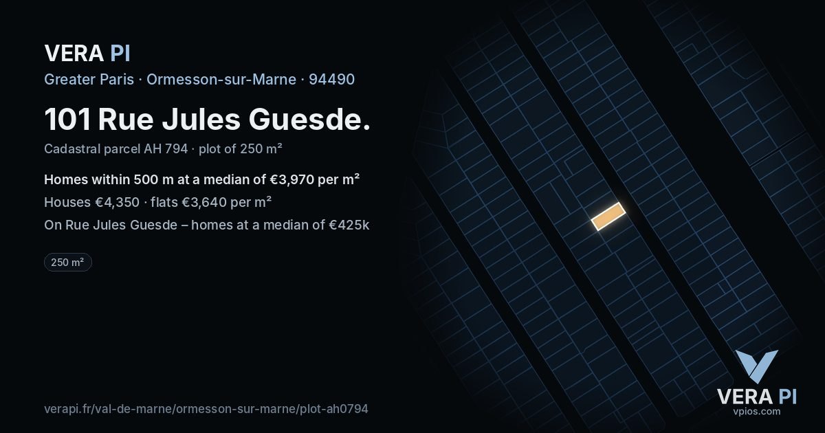 101 Rue Jules Guesde, Ormesson-sur-Marne at night – the plot lit, the parcels around coloured by the prices near them