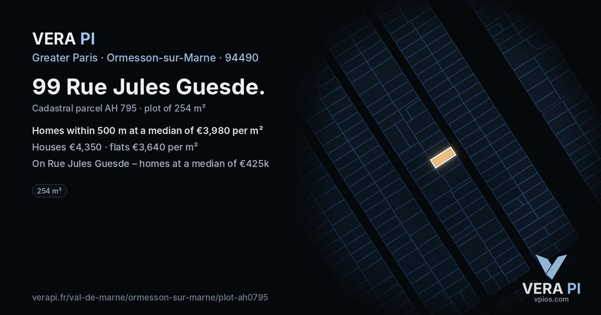99 Rue Jules Guesde, Ormesson-sur-Marne at night – the plot lit, the parcels around coloured by the prices near them