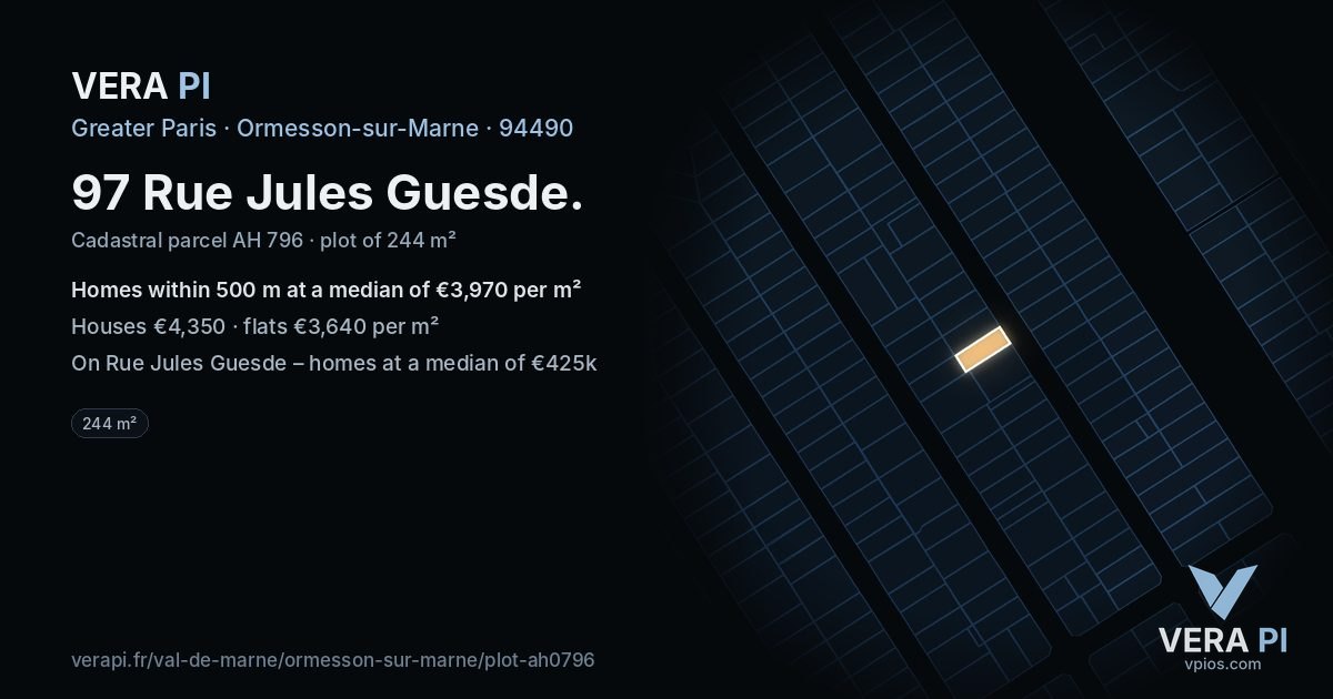 97 Rue Jules Guesde, Ormesson-sur-Marne at night – the plot lit, the parcels around coloured by the prices near them