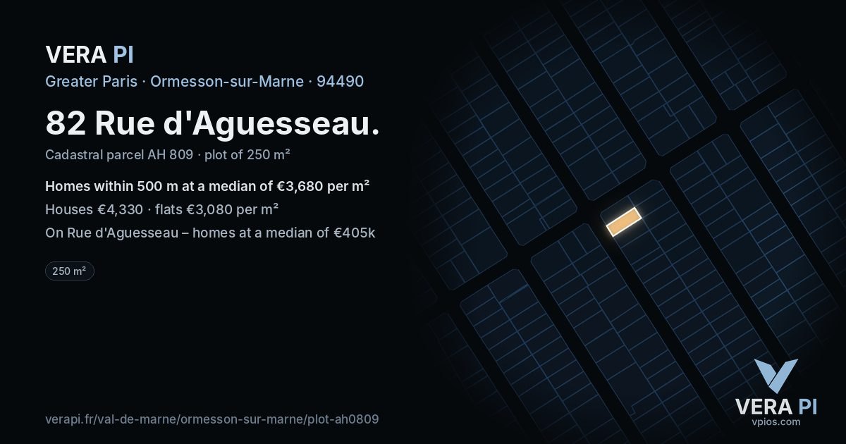 82 Rue d'Aguesseau, Ormesson-sur-Marne at night – the plot lit, the parcels around coloured by the prices near them