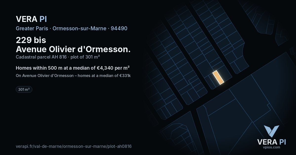 229 bis Avenue Olivier d'Ormesson, Ormesson-sur-Marne at night – the plot lit, the parcels around coloured by the prices near them