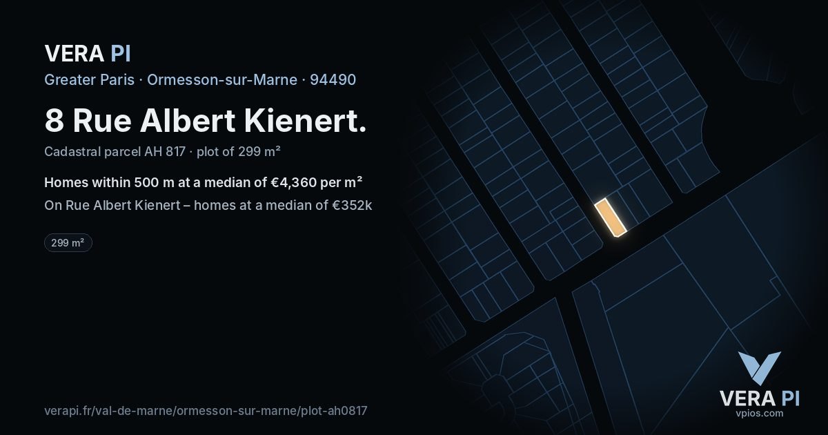 8 Rue Albert Kienert, Ormesson-sur-Marne at night – the plot lit, the parcels around coloured by the prices near them