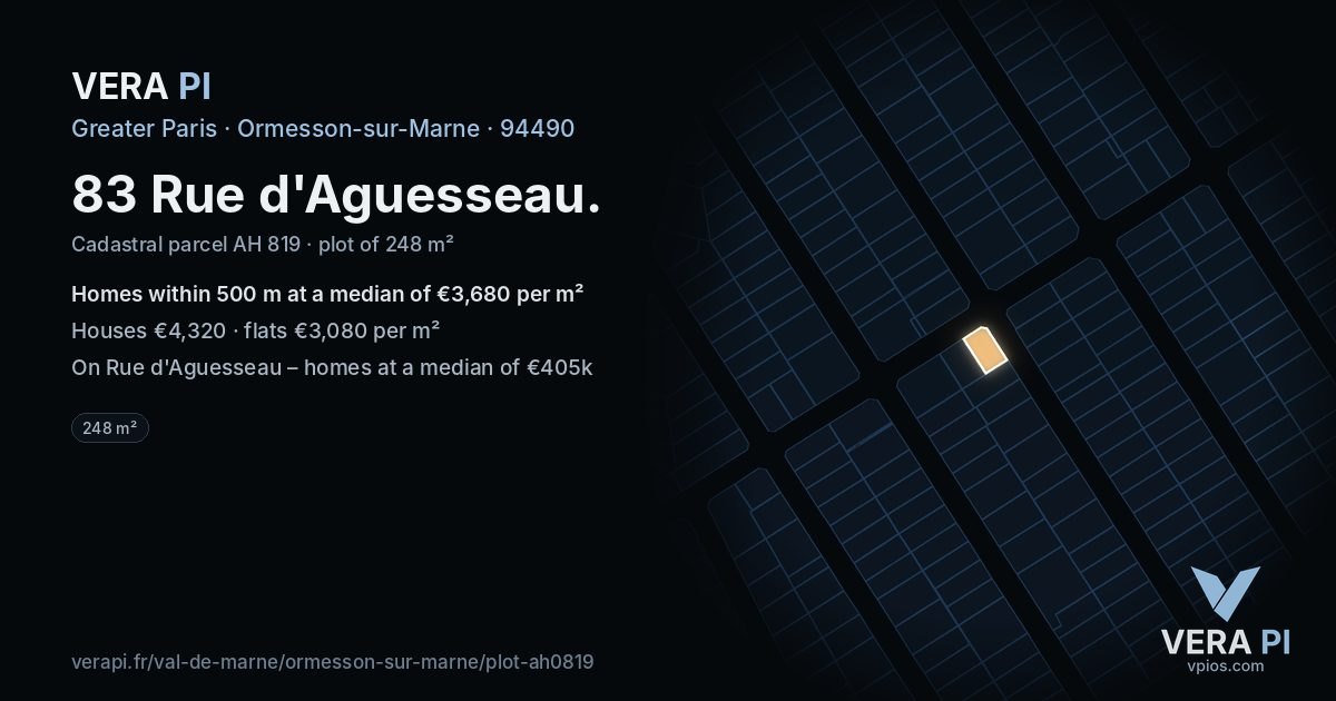 83 Rue d'Aguesseau, Ormesson-sur-Marne at night – the plot lit, the parcels around coloured by the prices near them
