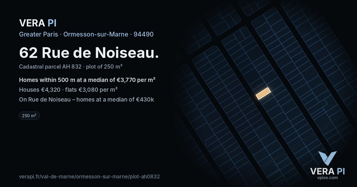 62 Rue de Noiseau, Ormesson-sur-Marne at night – the plot lit, the parcels around coloured by the prices near them