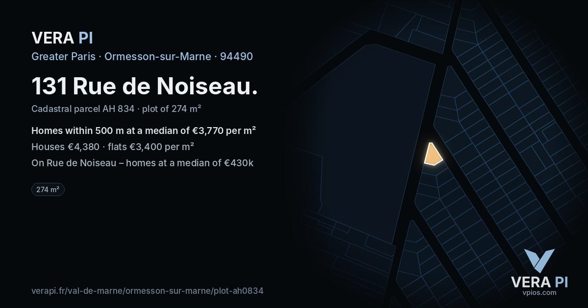 131 Rue de Noiseau, Ormesson-sur-Marne at night – the plot lit, the parcels around coloured by the prices near them