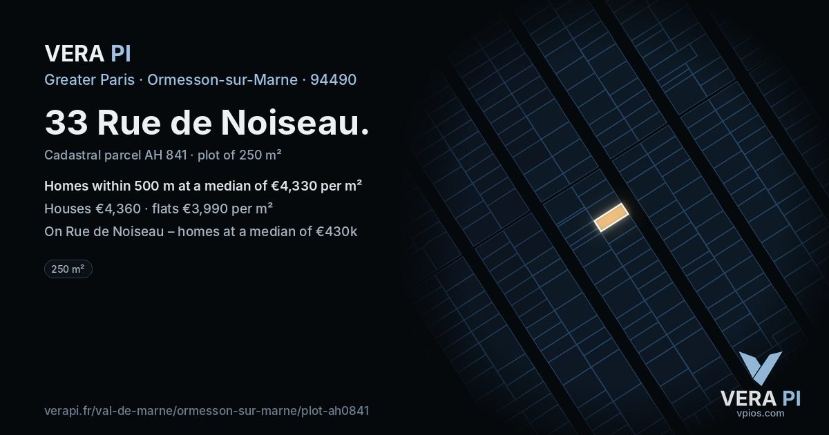 33 Rue de Noiseau, Ormesson-sur-Marne at night – the plot lit, the parcels around coloured by the prices near them