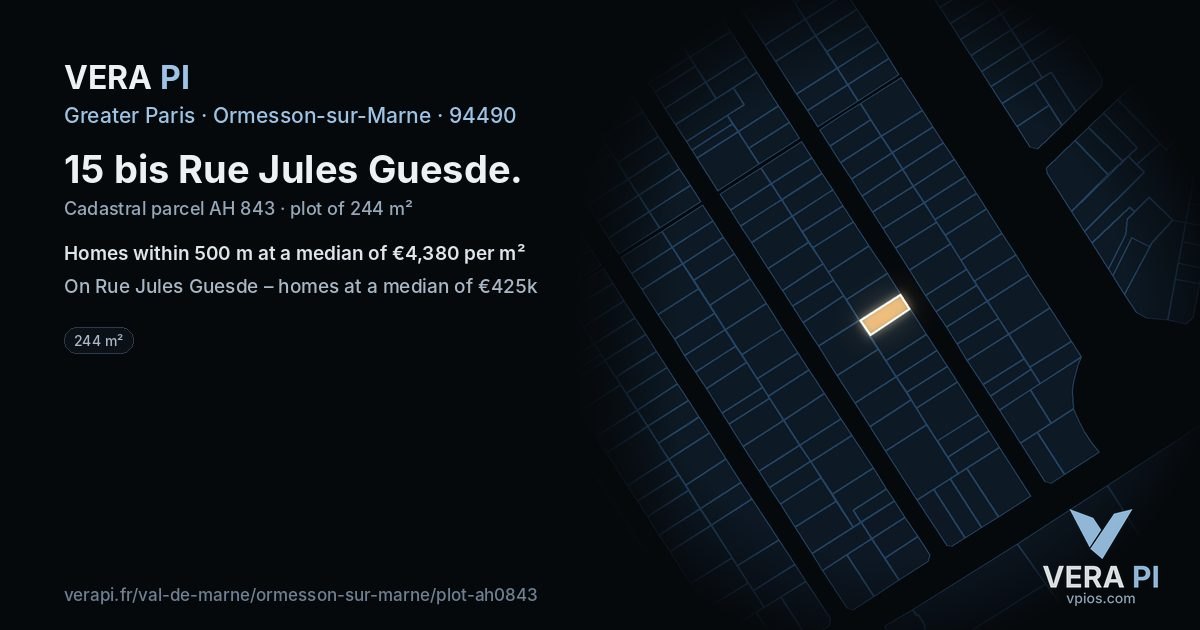 15 bis Rue Jules Guesde, Ormesson-sur-Marne at night – the plot lit, the parcels around coloured by the prices near them