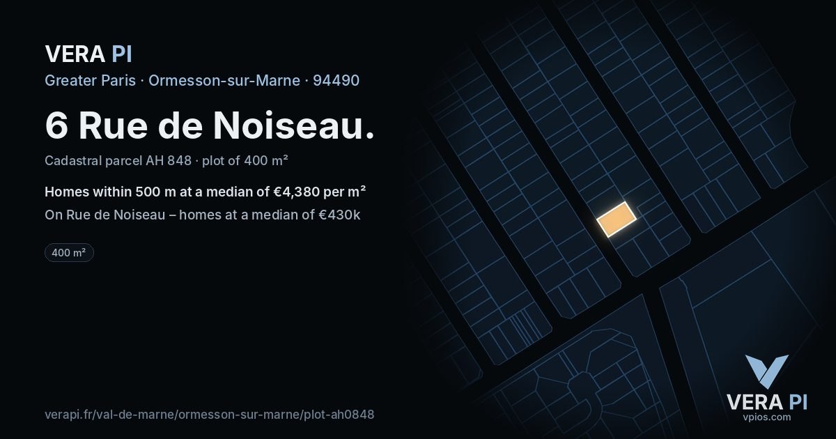 6 Rue de Noiseau, Ormesson-sur-Marne at night – the plot lit, the parcels around coloured by the prices near them