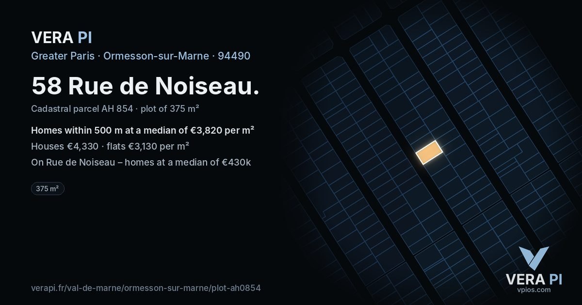 58 Rue de Noiseau, Ormesson-sur-Marne at night – the plot lit, the parcels around coloured by the prices near them