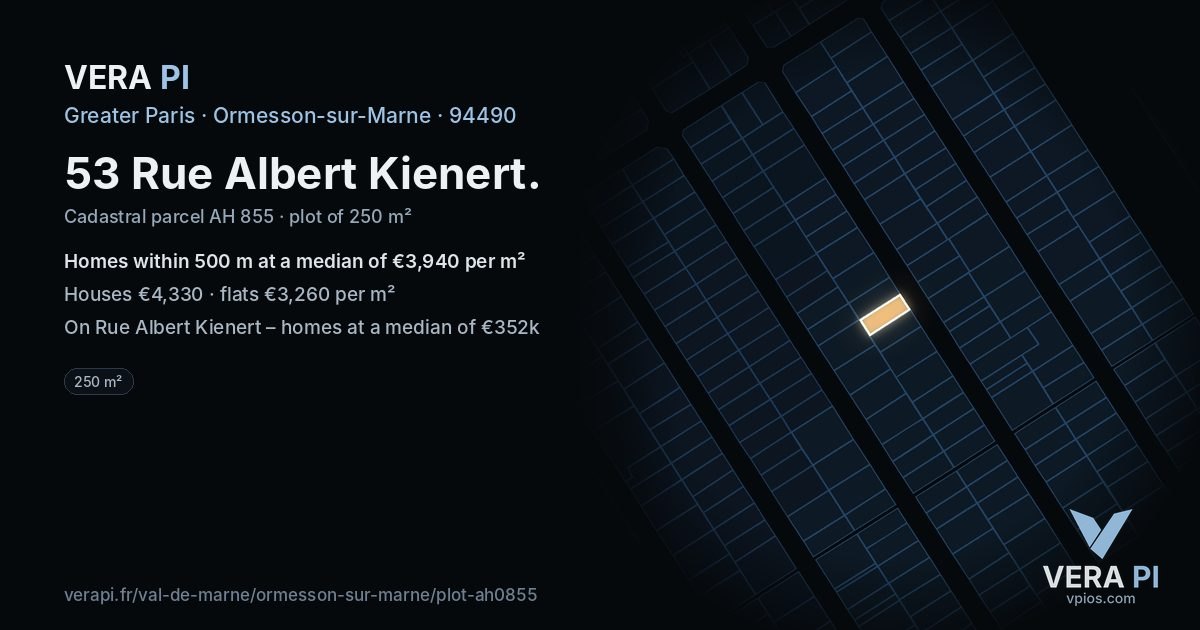 53 Rue Albert Kienert, Ormesson-sur-Marne at night – the plot lit, the parcels around coloured by the prices near them