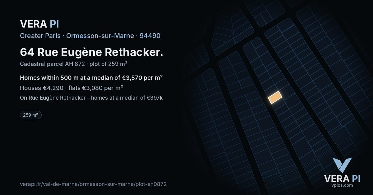 64 Rue Eugène Rethacker, Ormesson-sur-Marne at night – the plot lit, the parcels around coloured by the prices near them
