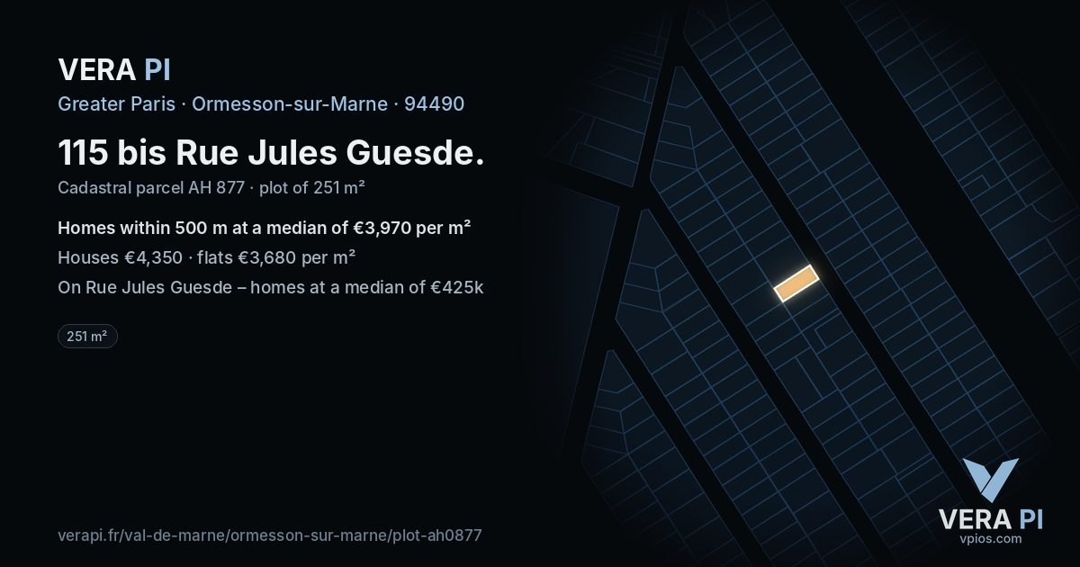 115 bis Rue Jules Guesde, Ormesson-sur-Marne at night – the plot lit, the parcels around coloured by the prices near them