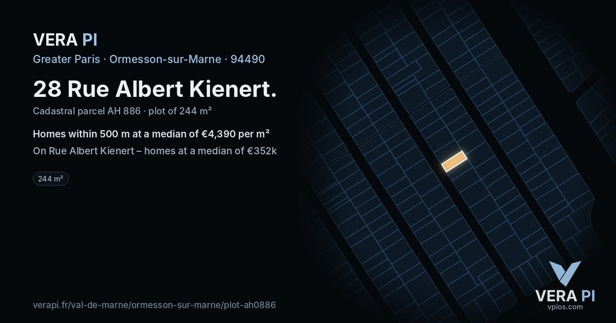 28 Rue Albert Kienert, Ormesson-sur-Marne at night – the plot lit, the parcels around coloured by the prices near them