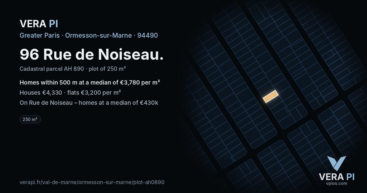 96 Rue de Noiseau, Ormesson-sur-Marne at night – the plot lit, the parcels around coloured by the prices near them