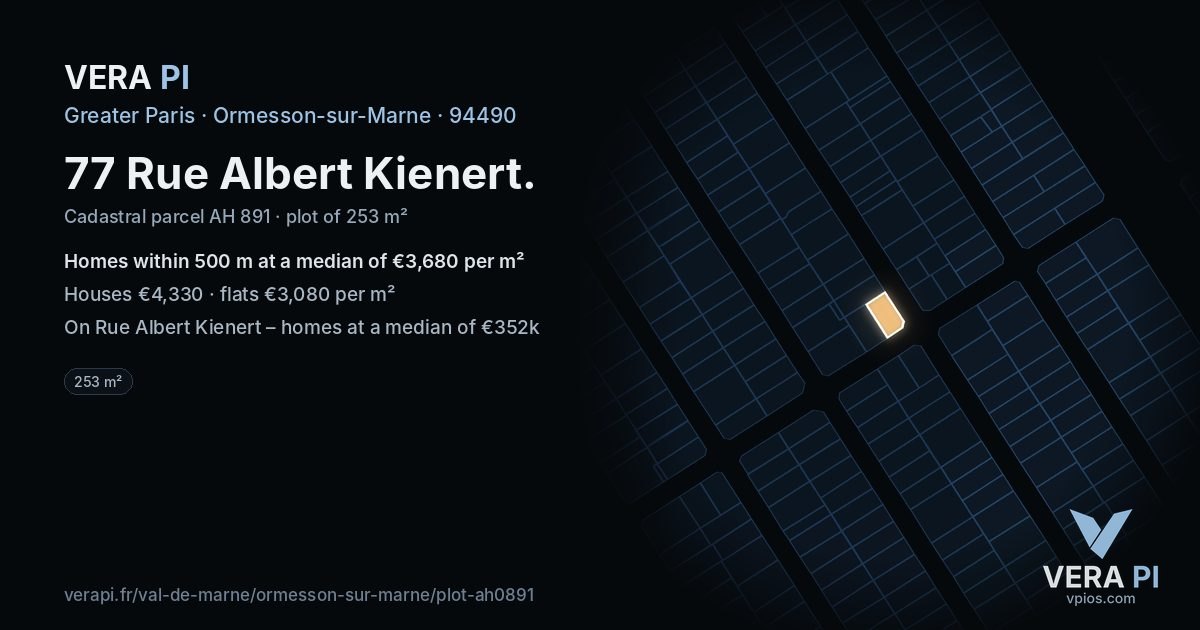 77 Rue Albert Kienert, Ormesson-sur-Marne at night – the plot lit, the parcels around coloured by the prices near them