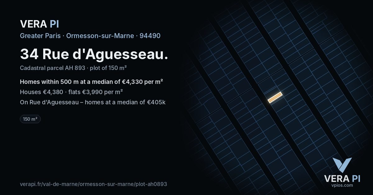 34 Rue d'Aguesseau, Ormesson-sur-Marne at night – the plot lit, the parcels around coloured by the prices near them