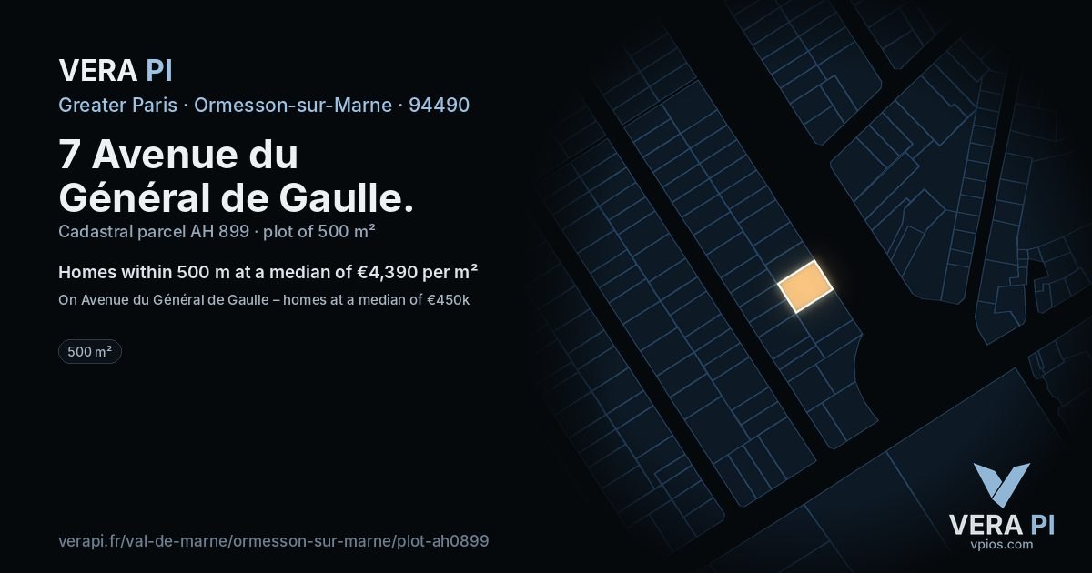 7 Avenue du Général de Gaulle, Ormesson-sur-Marne at night – the plot lit, the parcels around coloured by the prices near them