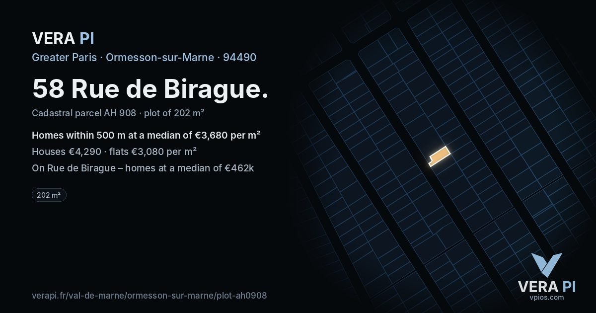 58 Rue de Birague, Ormesson-sur-Marne at night – the plot lit, the parcels around coloured by the prices near them