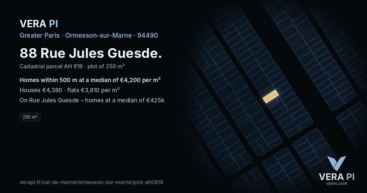 88 Rue Jules Guesde, Ormesson-sur-Marne at night – the plot lit, the parcels around coloured by the prices near them