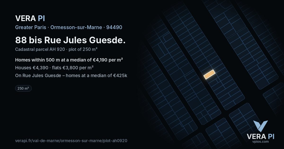 88 bis Rue Jules Guesde, Ormesson-sur-Marne at night – the plot lit, the parcels around coloured by the prices near them