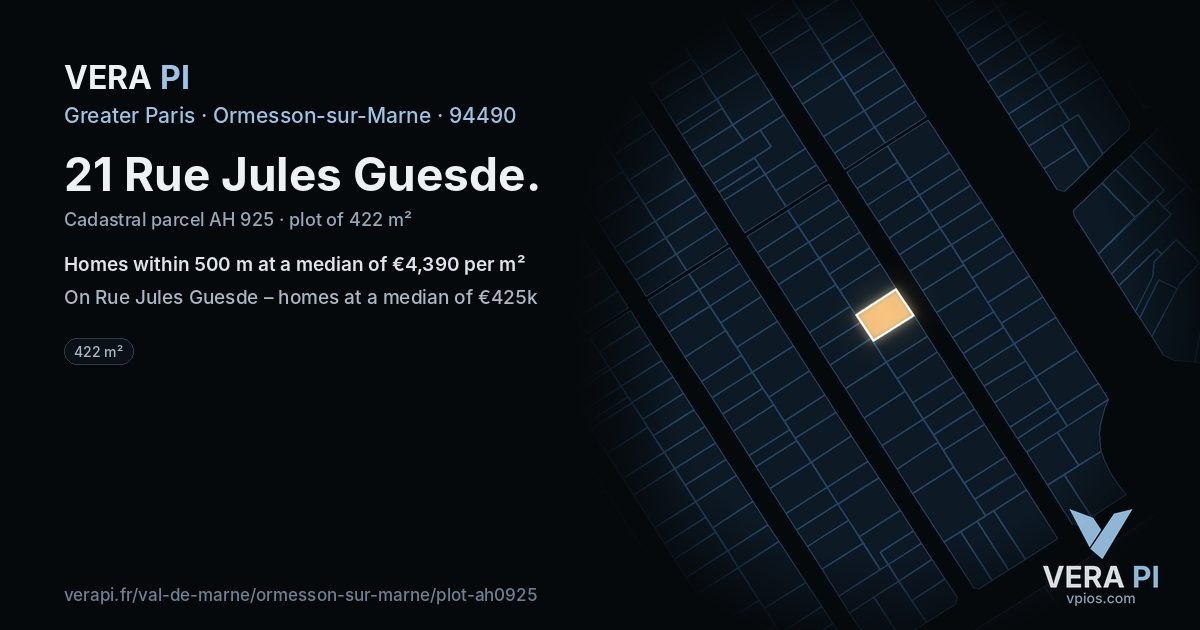 21 Rue Jules Guesde, Ormesson-sur-Marne at night – the plot lit, the parcels around coloured by the prices near them