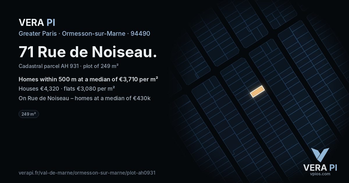 71 Rue de Noiseau, Ormesson-sur-Marne at night – the plot lit, the parcels around coloured by the prices near them