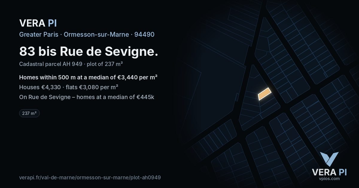 83 bis Rue de Sevigne, Ormesson-sur-Marne at night – the plot lit, the parcels around coloured by the prices near them