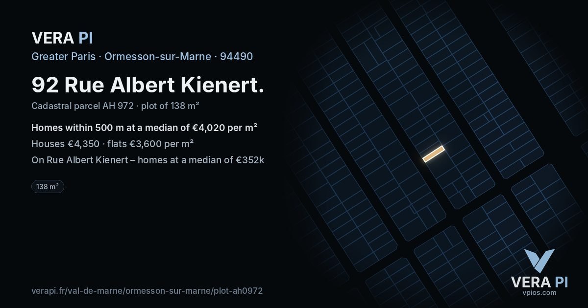 92 Rue Albert Kienert, Ormesson-sur-Marne at night – the plot lit, the parcels around coloured by the prices near them