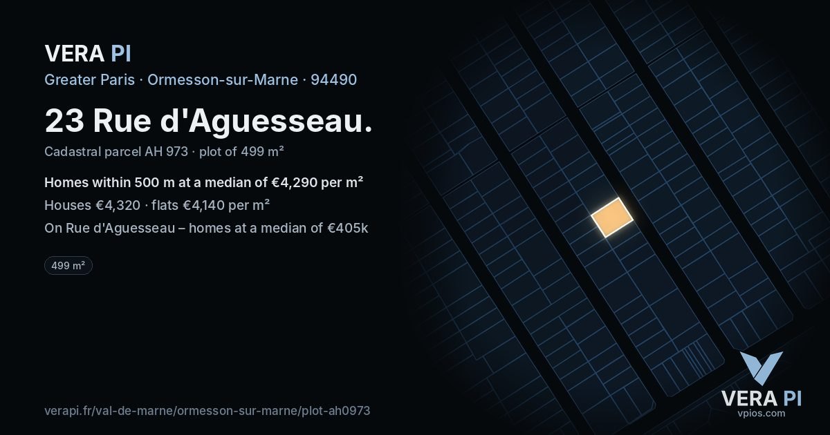 23 Rue d'Aguesseau, Ormesson-sur-Marne at night – the plot lit, the parcels around coloured by the prices near them