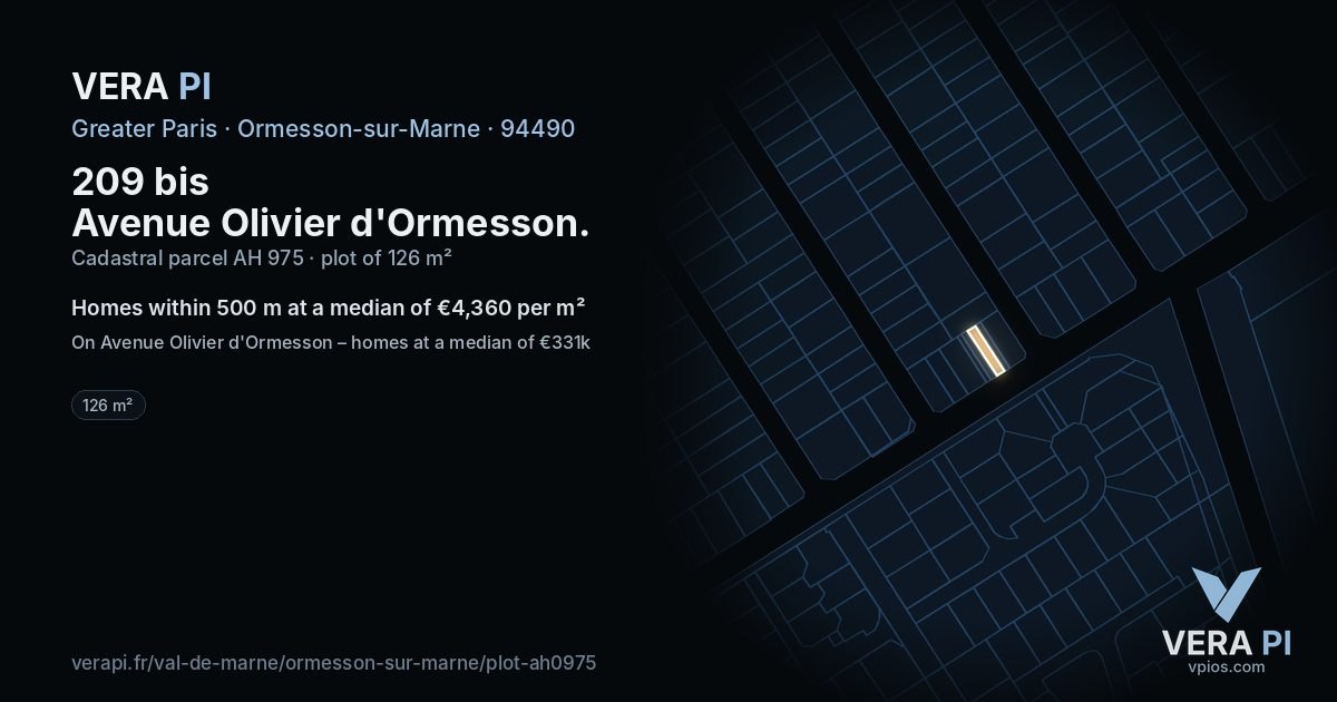 209 bis Avenue Olivier d'Ormesson, Ormesson-sur-Marne at night – the plot lit, the parcels around coloured by the prices near them