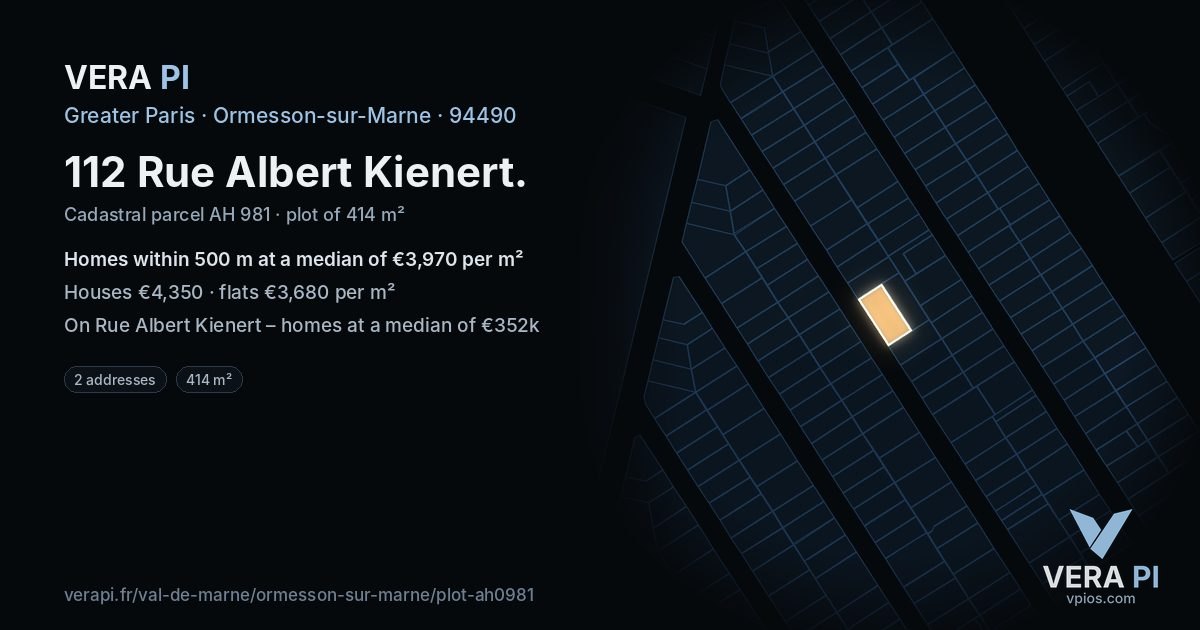 112 Rue Albert Kienert, Ormesson-sur-Marne at night – the plot lit, the parcels around coloured by the prices near them