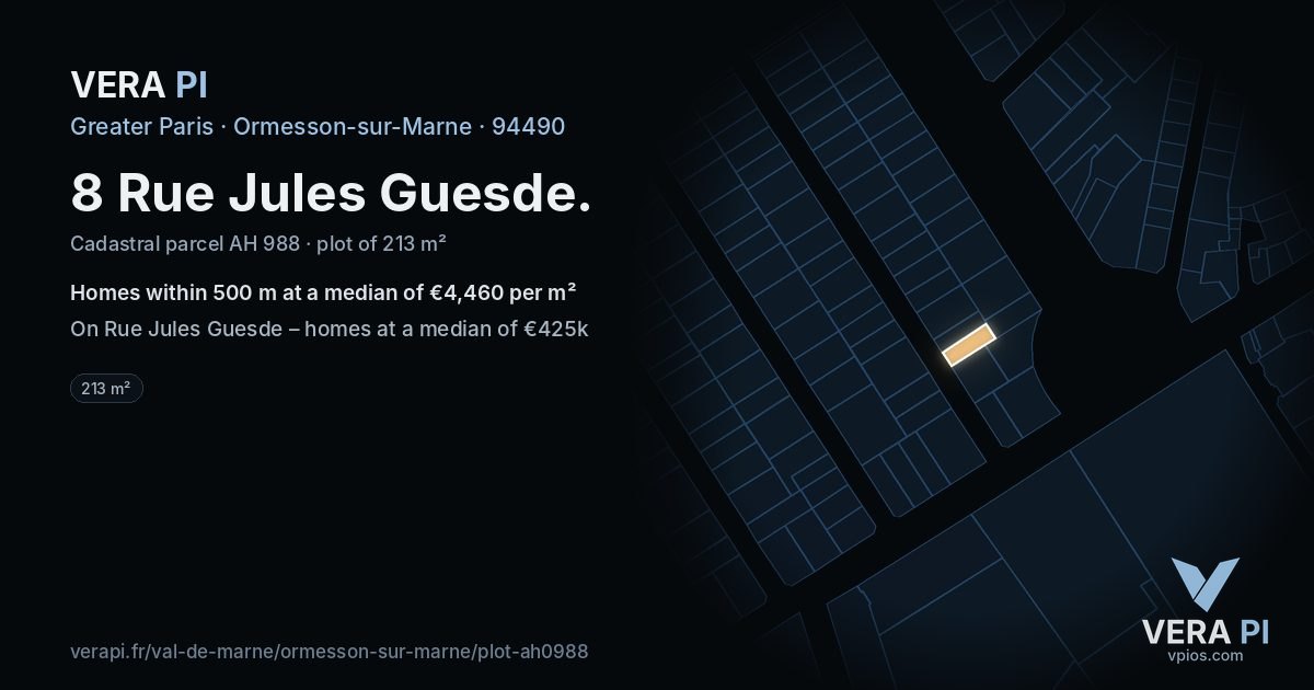8 Rue Jules Guesde, Ormesson-sur-Marne at night – the plot lit, the parcels around coloured by the prices near them