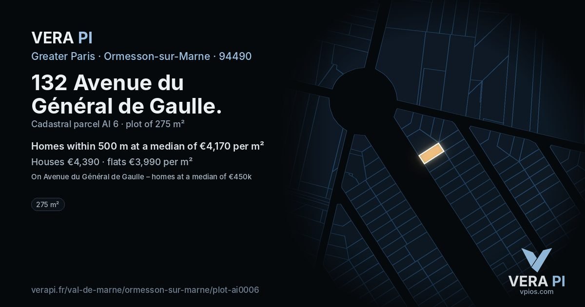 132 Avenue du Général de Gaulle, Ormesson-sur-Marne at night – the plot lit, the parcels around coloured by the prices near them