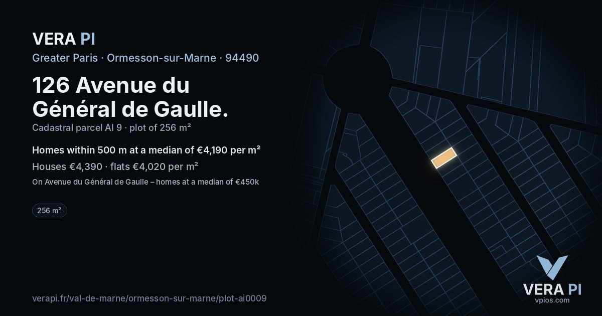 126 Avenue du Général de Gaulle, Ormesson-sur-Marne at night – the plot lit, the parcels around coloured by the prices near them