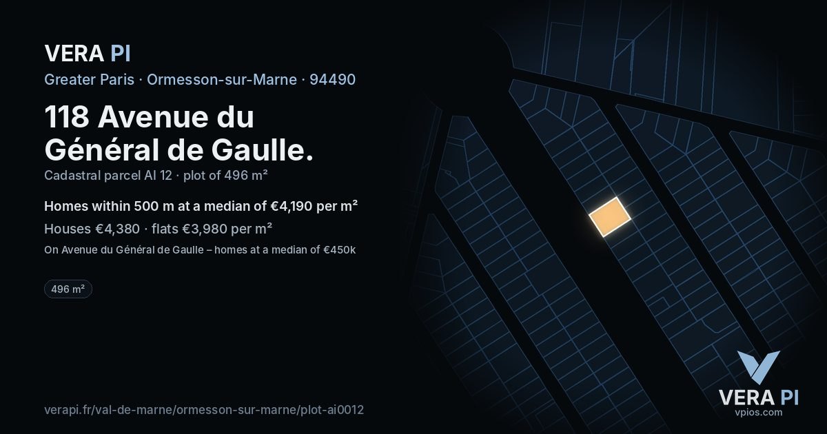 118 Avenue du Général de Gaulle, Ormesson-sur-Marne at night – the plot lit, the parcels around coloured by the prices near them