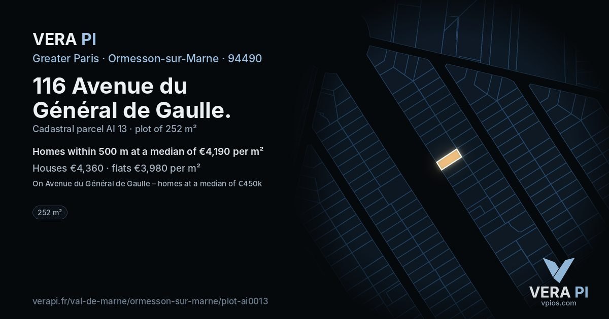 116 Avenue du Général de Gaulle, Ormesson-sur-Marne at night – the plot lit, the parcels around coloured by the prices near them