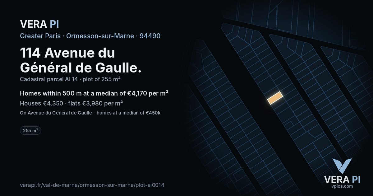 114 Avenue du Général de Gaulle, Ormesson-sur-Marne at night – the plot lit, the parcels around coloured by the prices near them