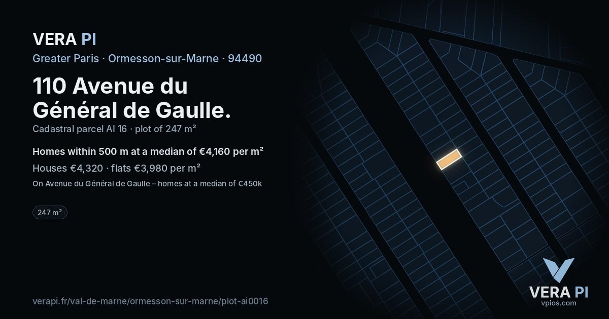 110 Avenue du Général de Gaulle, Ormesson-sur-Marne at night – the plot lit, the parcels around coloured by the prices near them