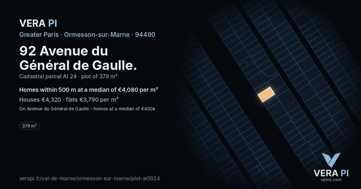 92 Avenue du Général de Gaulle, Ormesson-sur-Marne at night – the plot lit, the parcels around coloured by the prices near them