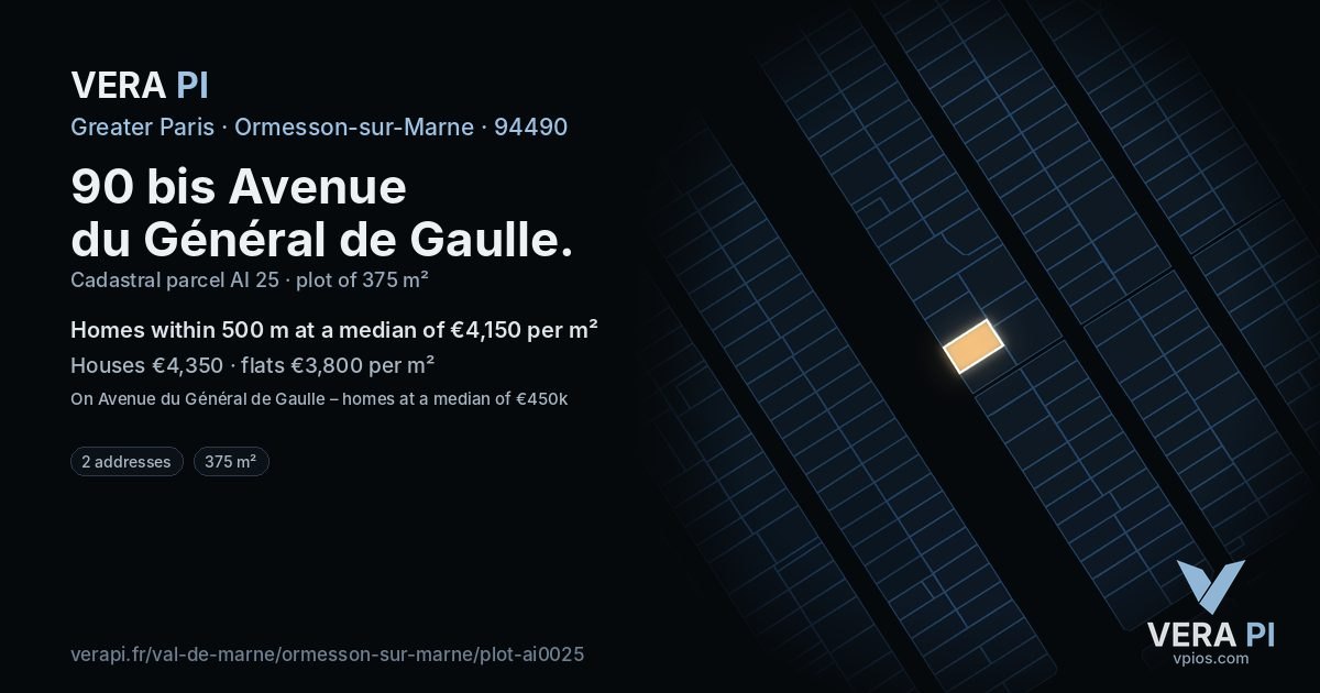 90 bis Avenue du Général de Gaulle, Ormesson-sur-Marne at night – the plot lit, the parcels around coloured by the prices near them