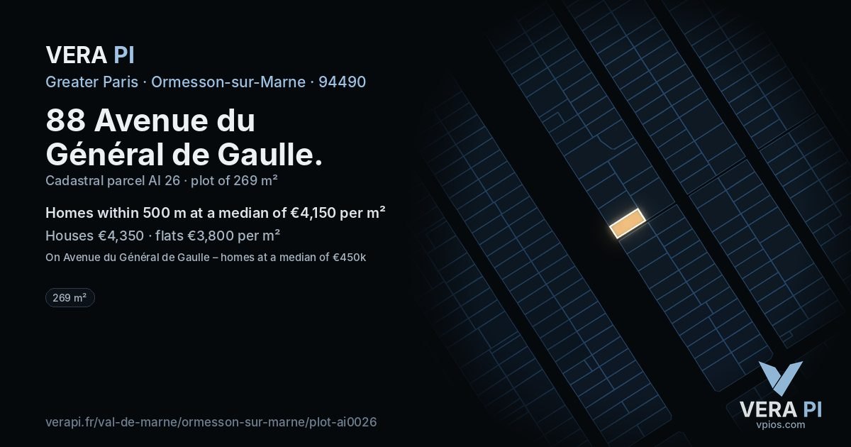 88 Avenue du Général de Gaulle, Ormesson-sur-Marne at night – the plot lit, the parcels around coloured by the prices near them