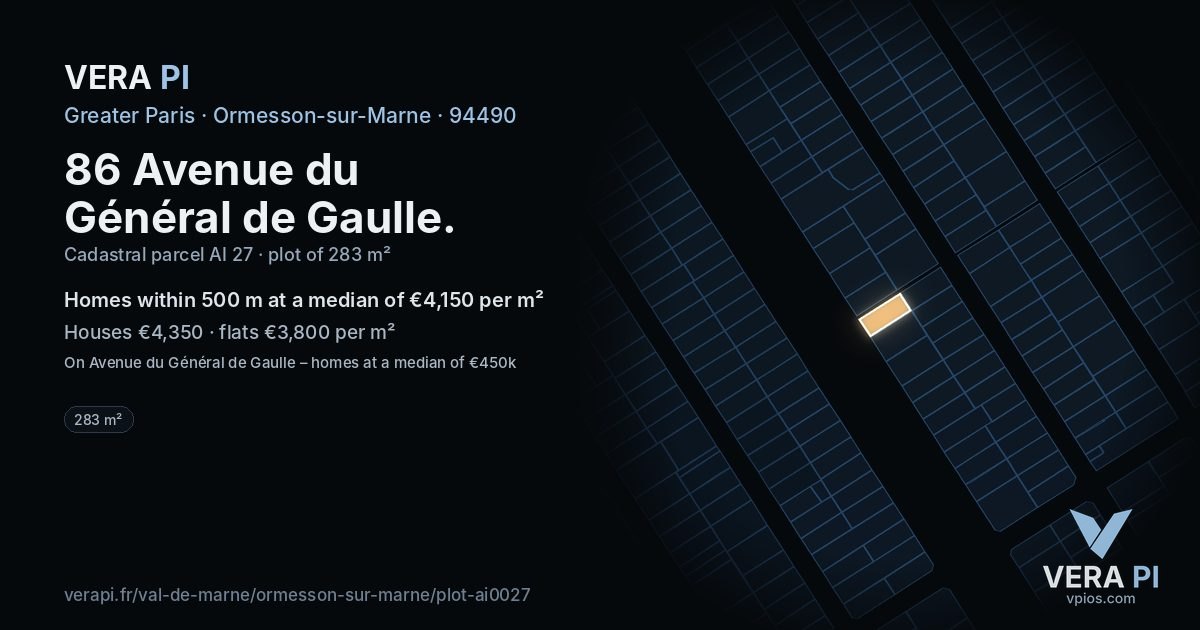 86 Avenue du Général de Gaulle, Ormesson-sur-Marne at night – the plot lit, the parcels around coloured by the prices near them