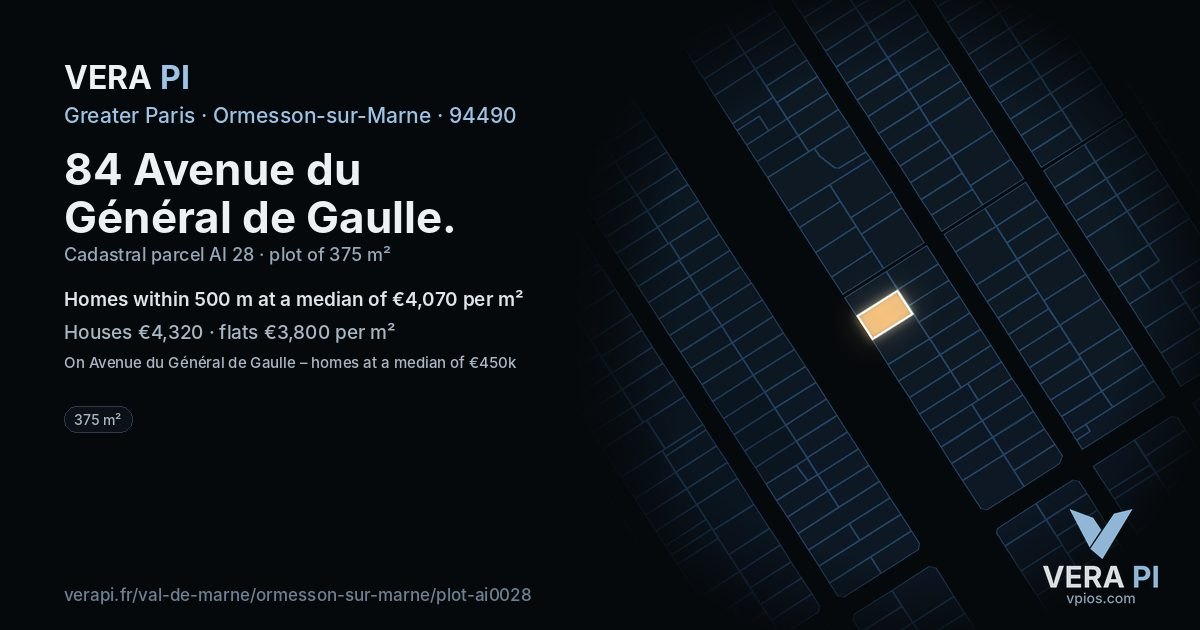 84 Avenue du Général de Gaulle, Ormesson-sur-Marne at night – the plot lit, the parcels around coloured by the prices near them