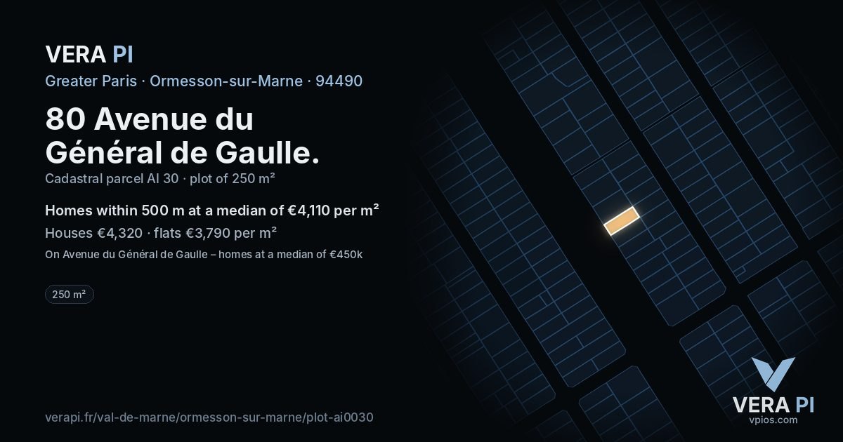 80 Avenue du Général de Gaulle, Ormesson-sur-Marne at night – the plot lit, the parcels around coloured by the prices near them