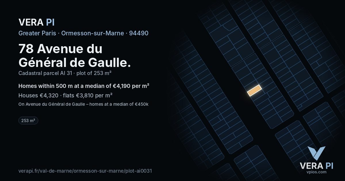78 Avenue du Général de Gaulle, Ormesson-sur-Marne at night – the plot lit, the parcels around coloured by the prices near them