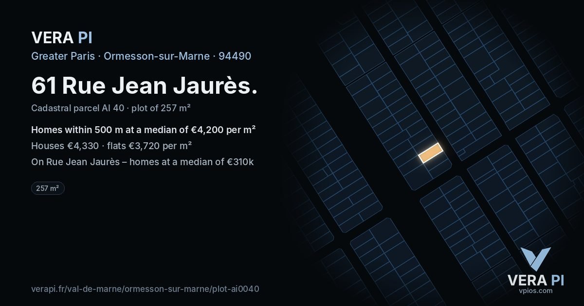 61 Rue Jean Jaurès, Ormesson-sur-Marne at night – the plot lit, the parcels around coloured by the prices near them