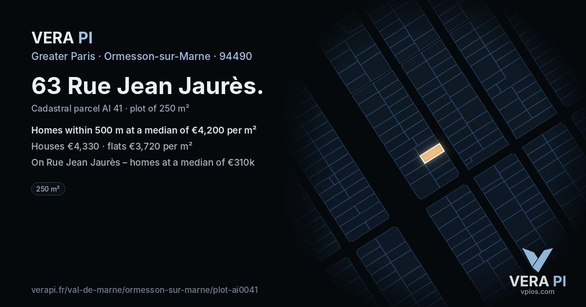 63 Rue Jean Jaurès, Ormesson-sur-Marne at night – the plot lit, the parcels around coloured by the prices near them