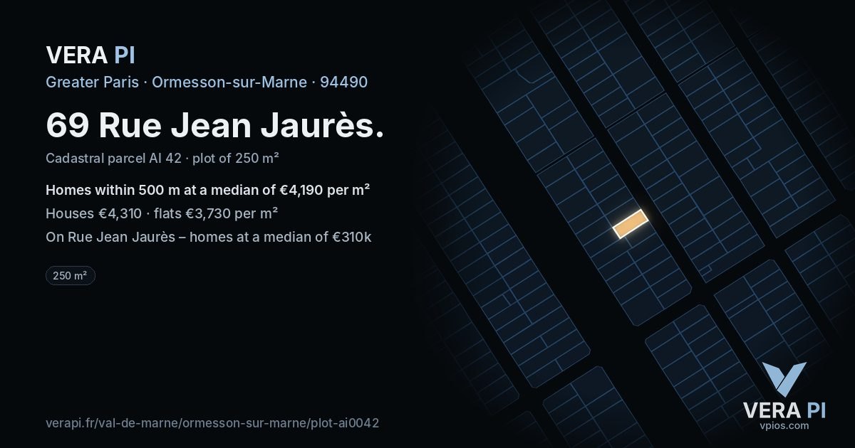 69 Rue Jean Jaurès, Ormesson-sur-Marne at night – the plot lit, the parcels around coloured by the prices near them